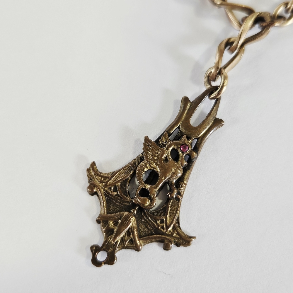 Antique Victorian Art Nouveau Albert Bronze Pocket Watch Chain Dragon Drop Charm - Picture 3 of 9